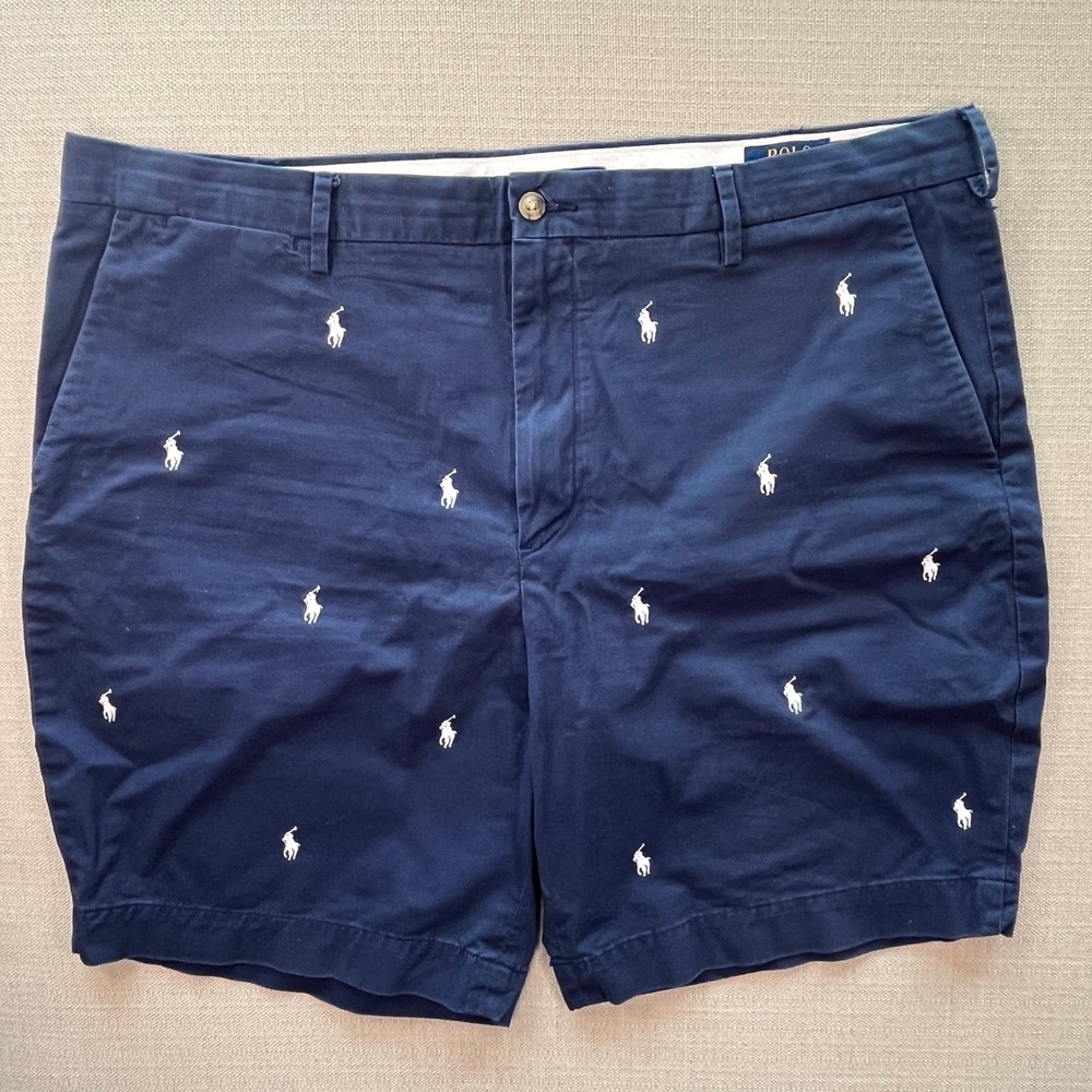 Polo Ralph Lauren Mens Navy Blue All Over Pony Embroidered Shorts 40 Stretch Fit